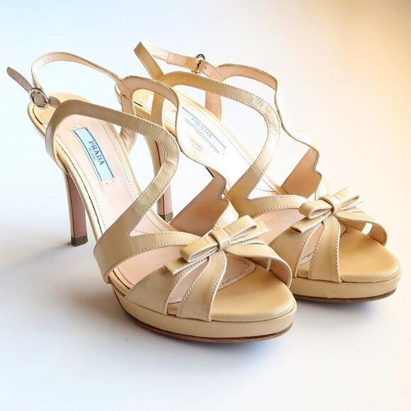 Prada Pale Yellow Patent Leather Strappy Platform Heels Sandals w Bow Size 7.5 - Picture 5 of 16